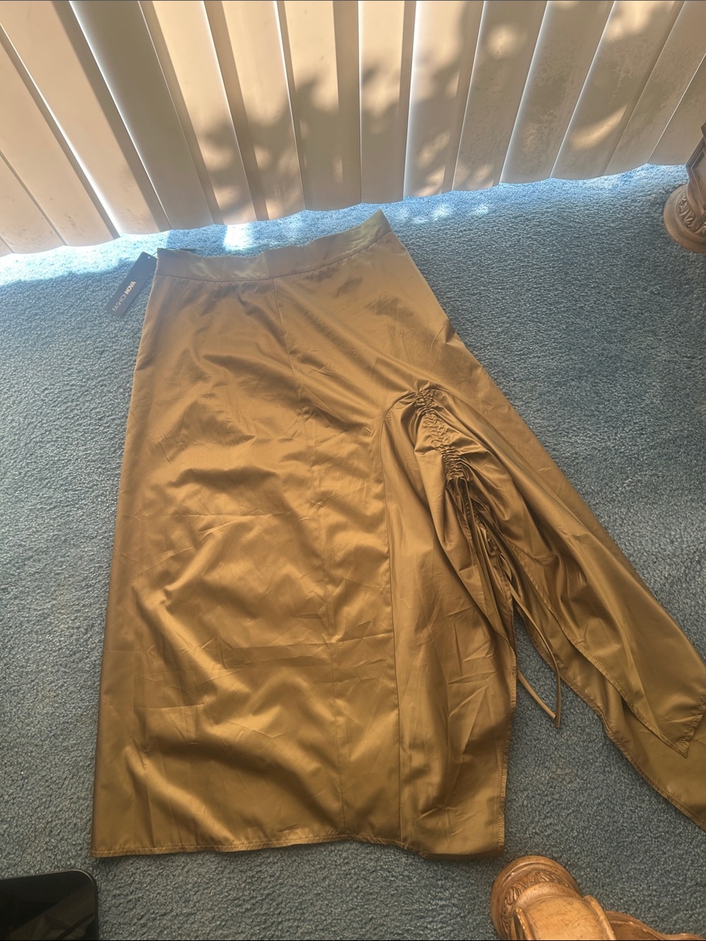 Fashion Nova Olive Green Asymmetrical Midi Skirt with Side Ruched Tie
